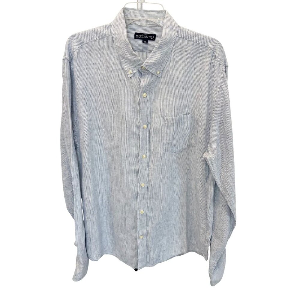 J. Crew Mercantile Men's Blue Striped Linen Button Down Shirt Preppy Coastal XL